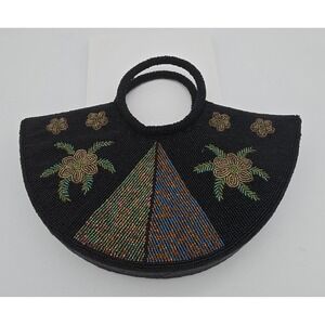 Vintage Black Hand Beaded Half Moon Tote With Floral And Pyramid Designs